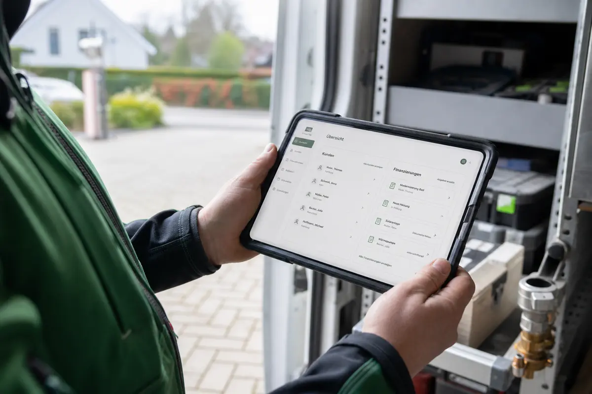 Tablet mit Finanzierungsübersicht auf einer Werkbank